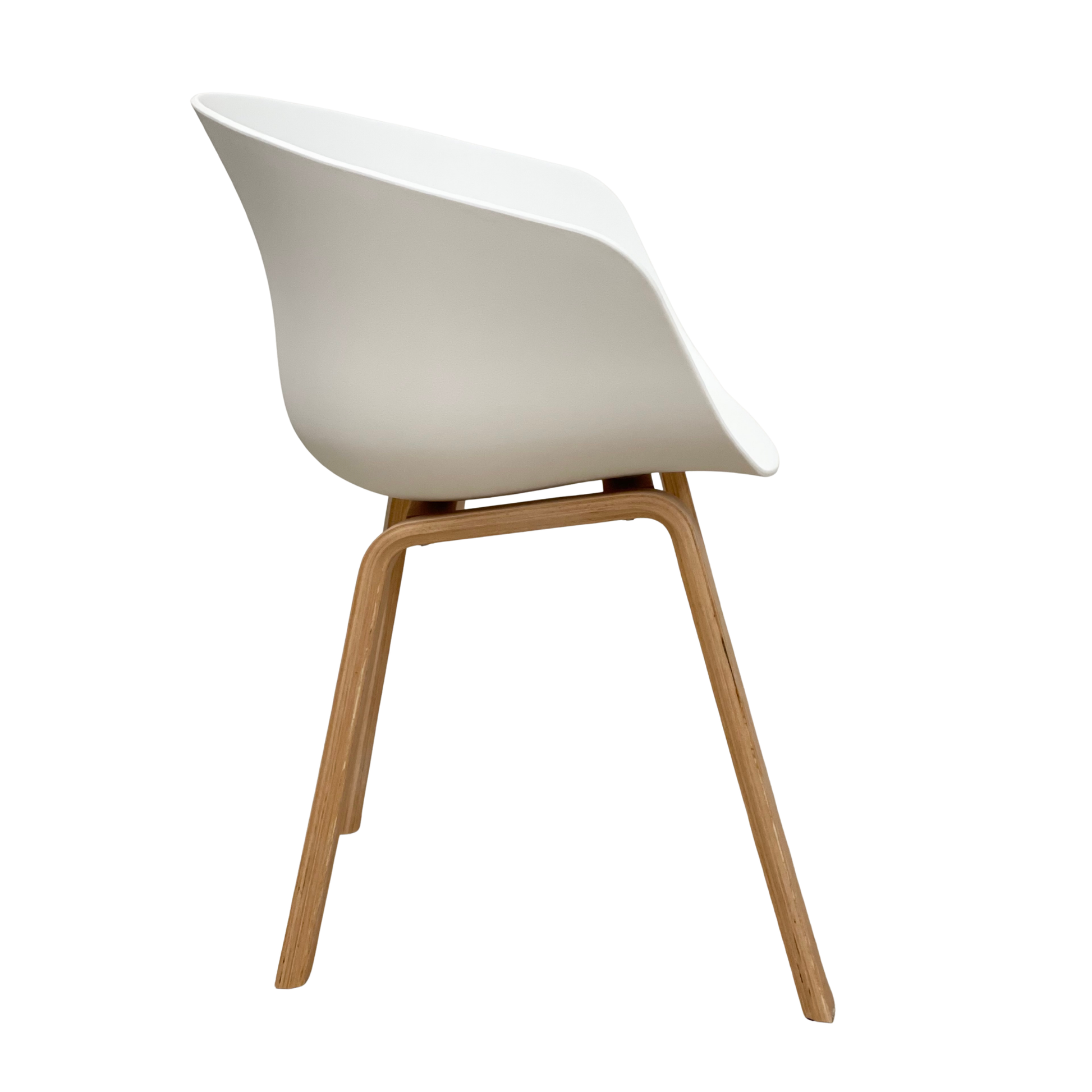 Back view of modern grey upholstered dining chair with wooden legs