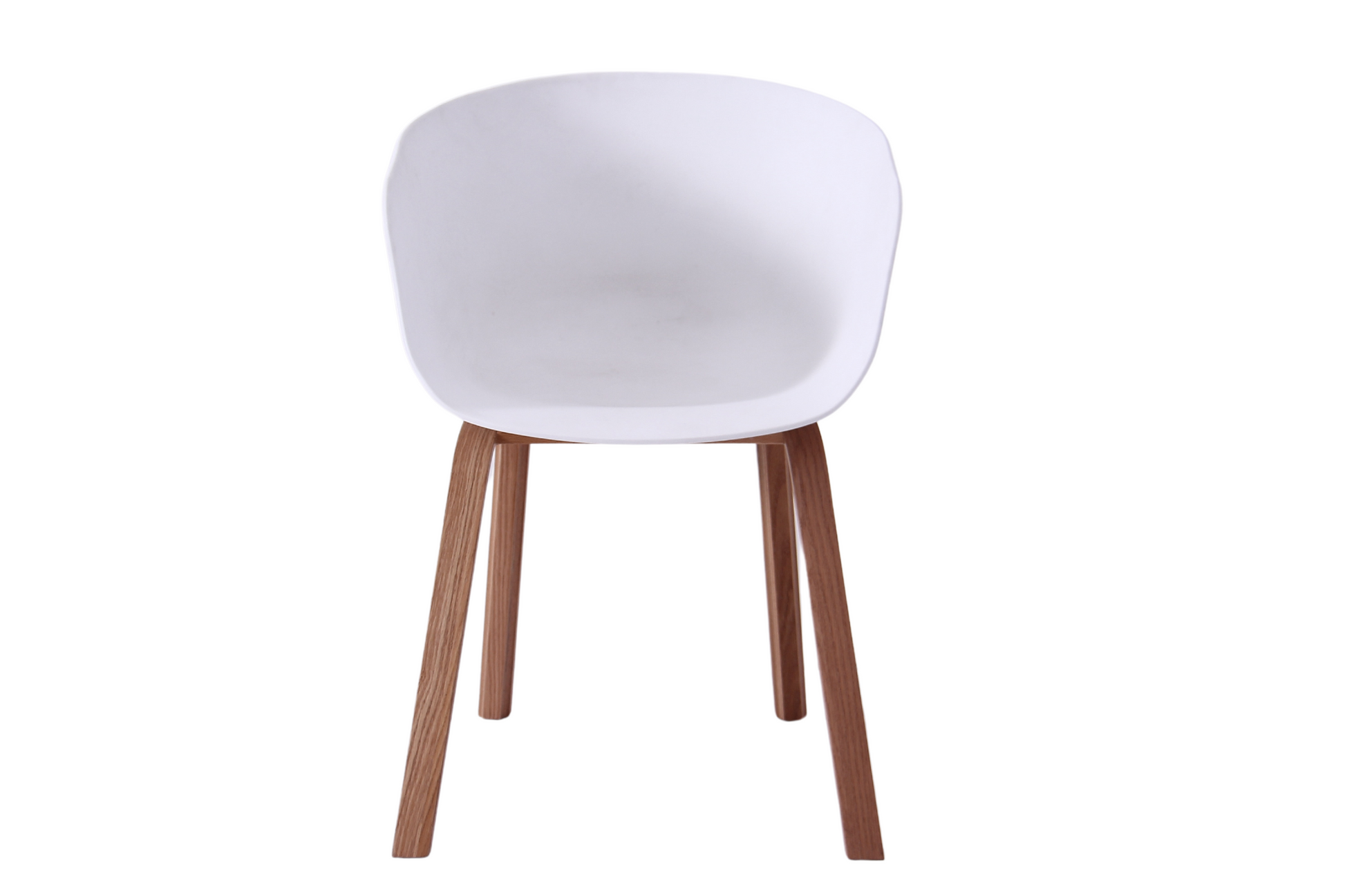 Grey upholstered dining chair with curved backrest and natural wood legs