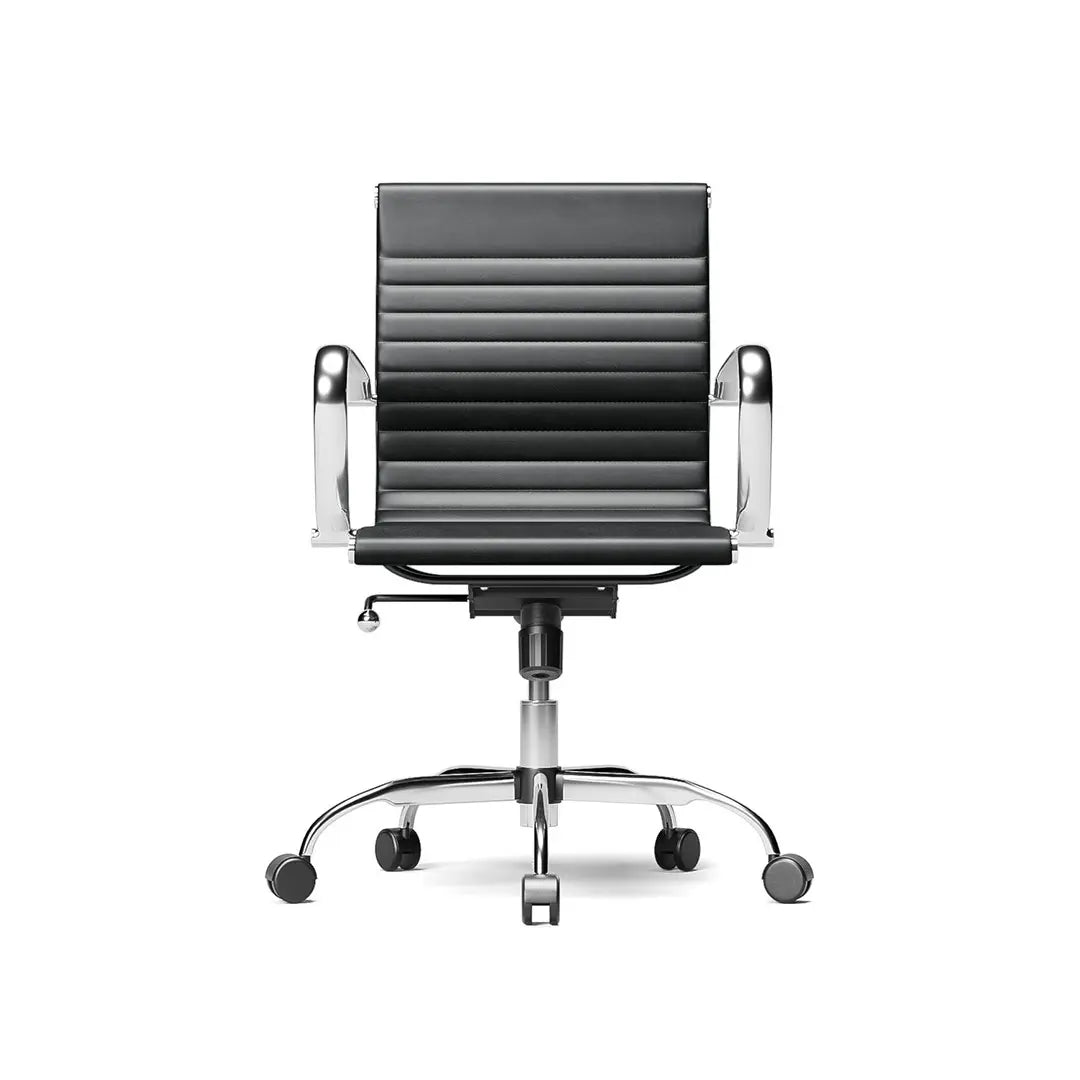 Mid-Century Modern office chair with black ribbed leatherette upholstery and chrome frame