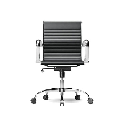 Mid-Century Modern office chair with black ribbed leatherette upholstery and chrome frame