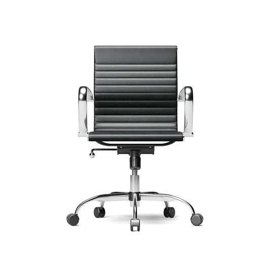 Mid-Century Modern office chair with black ribbed leatherette upholstery and chrome frame