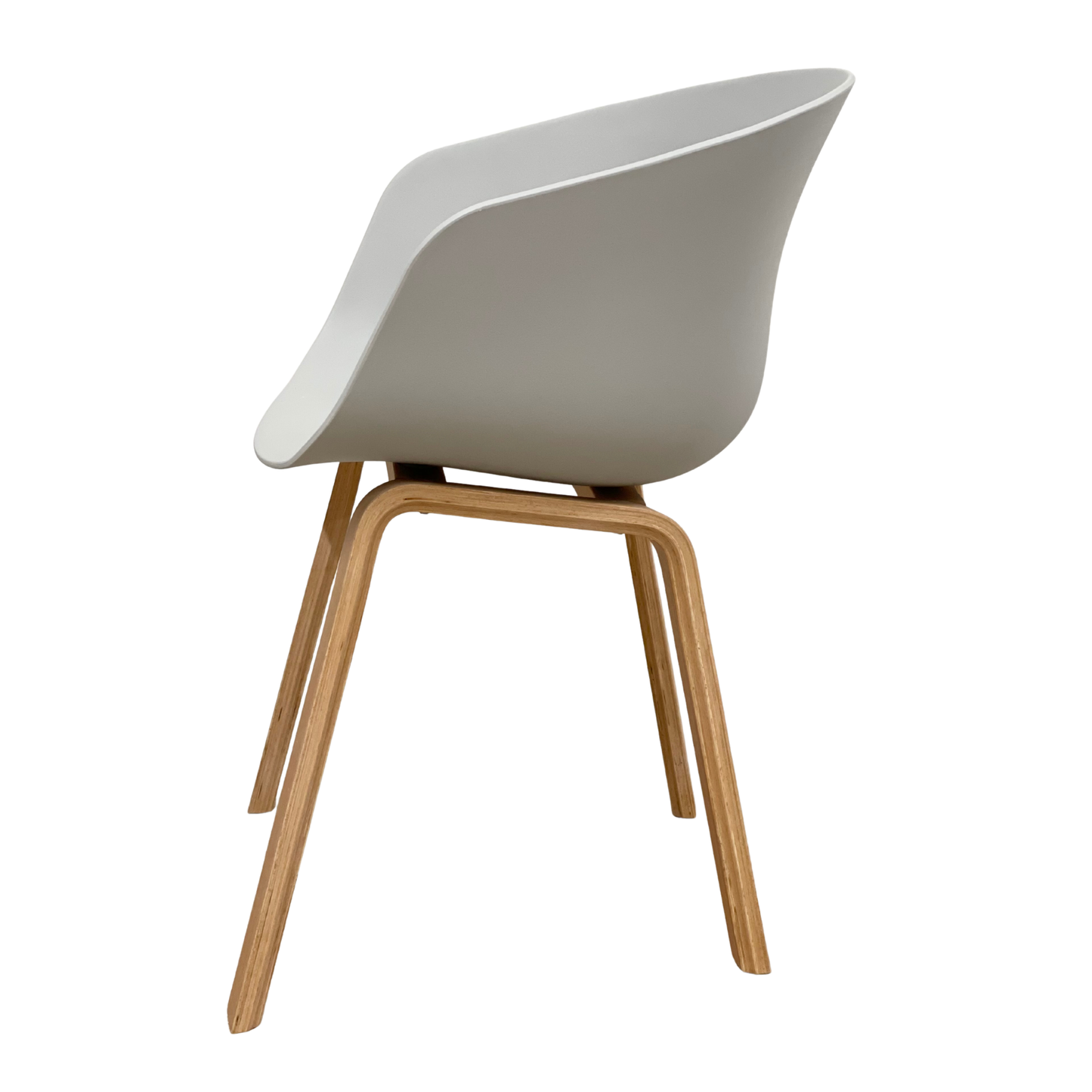 Modern grey dining chair with curved backrest and wooden legs