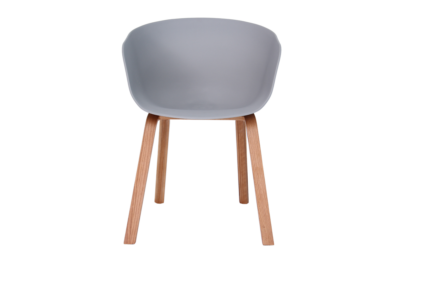 Modern grey dining chair with curved upholstered back and wooden frame