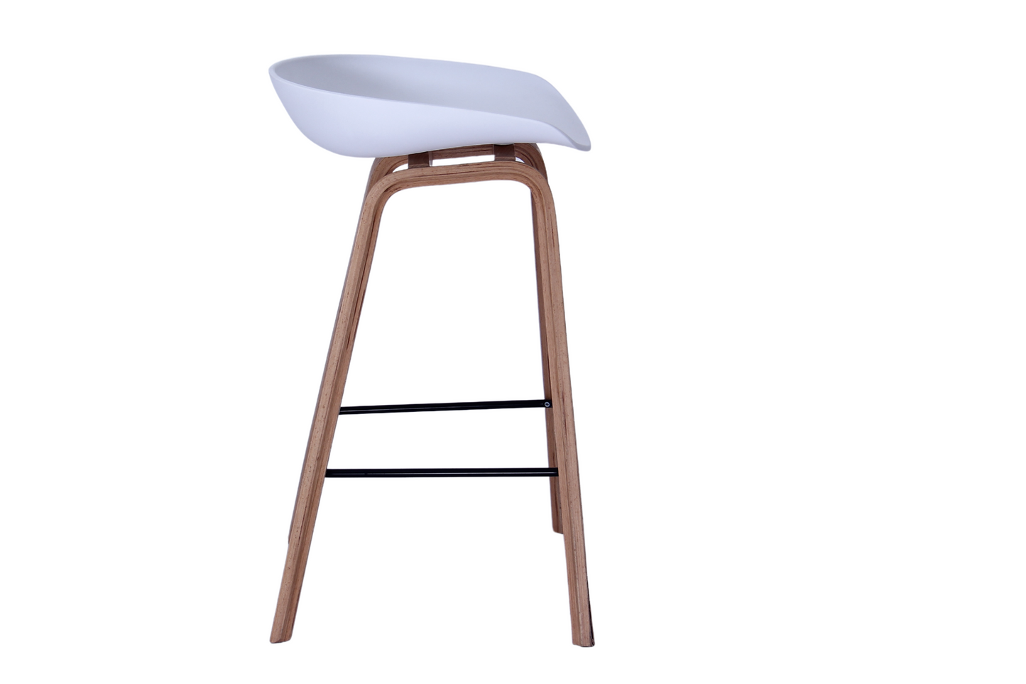 Nordic counter stool side view with curved grey seat and wood frame
