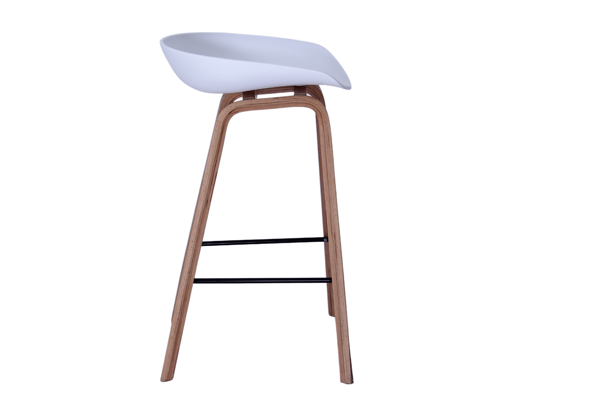 Nordic counter stool side view with curved grey seat and wood frame
