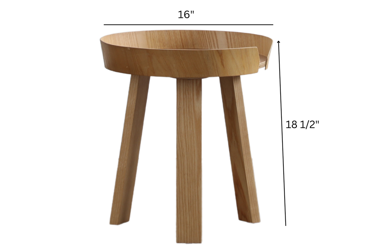 Close-up detail of smooth curved tray rim and natural wood grain finish on round coffee table