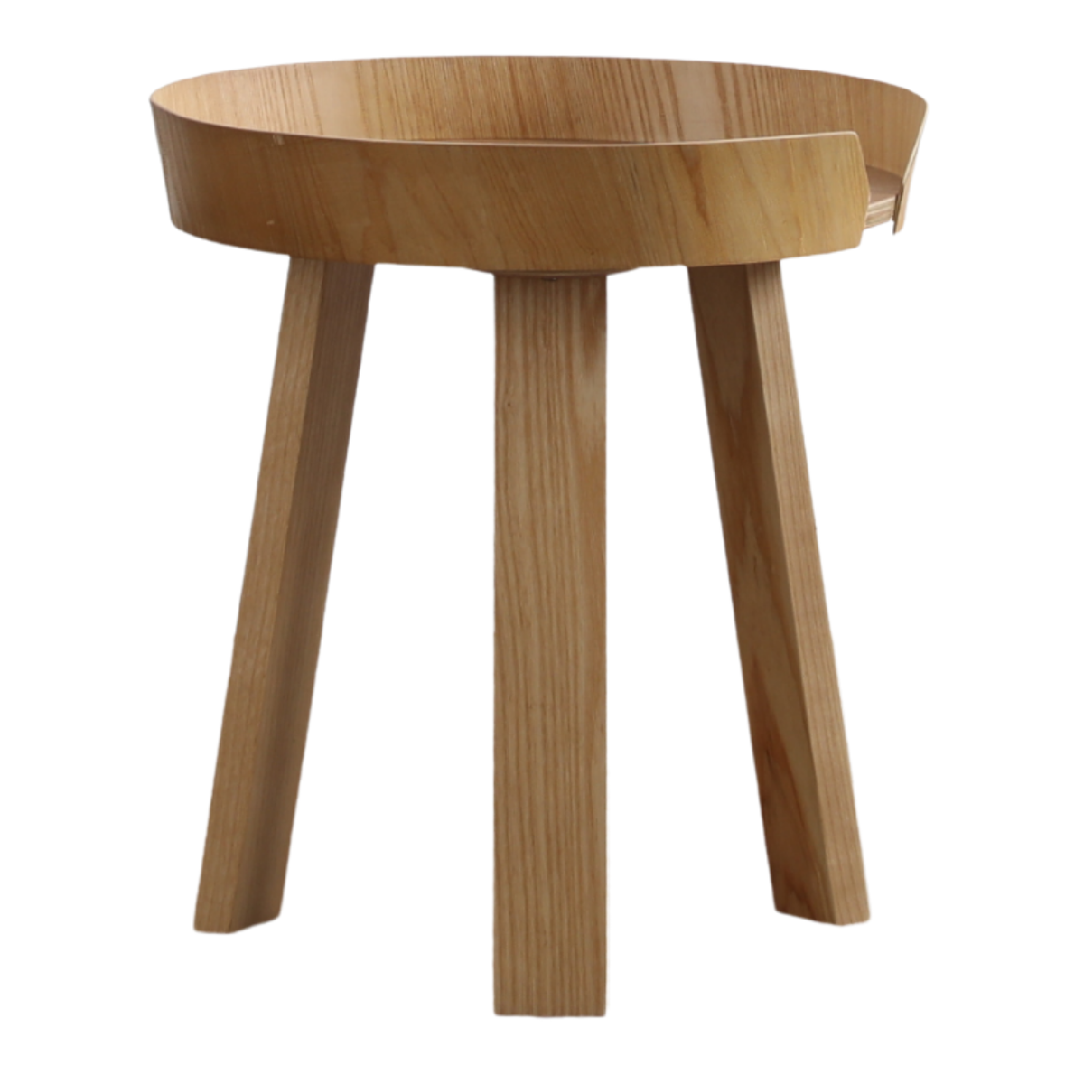 Front view of sculptural round natural wood tall side table or end table with tray top rim