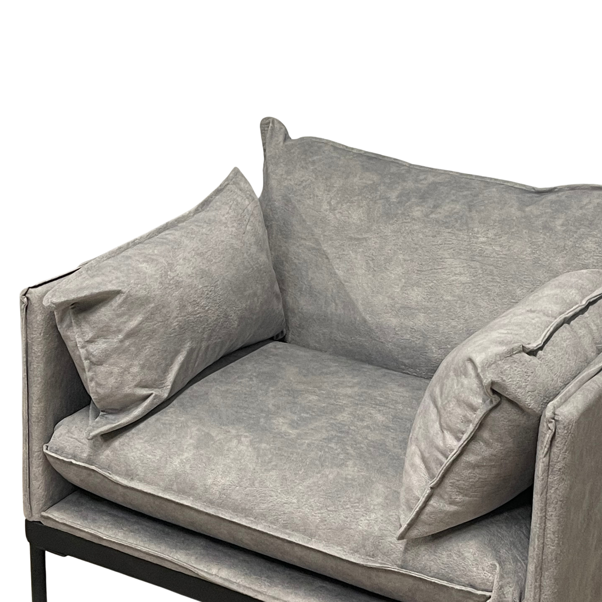 Close up detail of premium grey fabric texture and side pillow stitching on modern office waiting chair