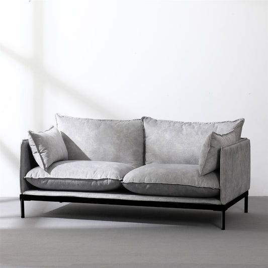 Modern grey fabric 2-seater office waiting room sofa with sleek black metal frame and plush cushions