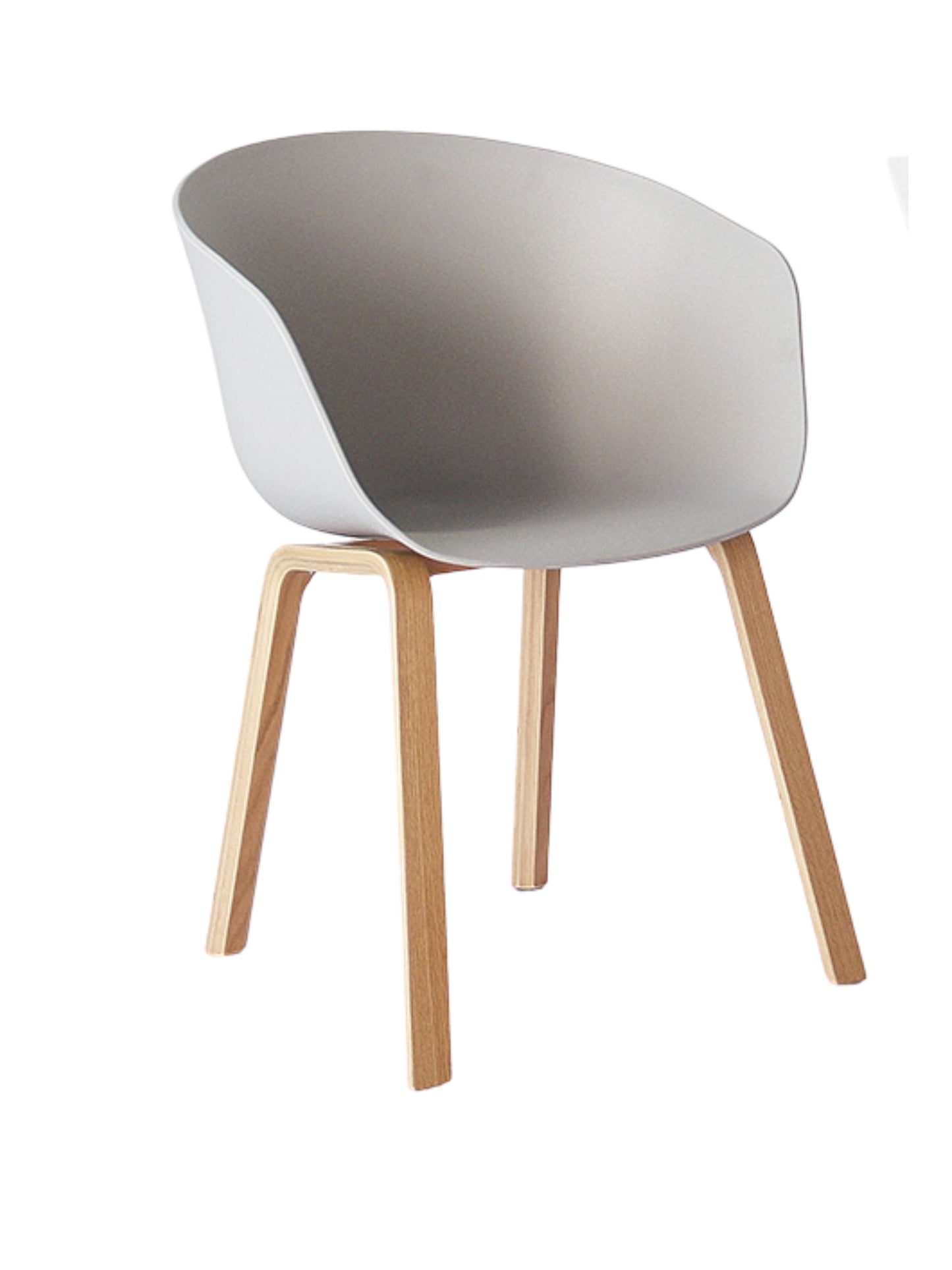 Modern Scandinavian dining chair with grey upholstered seat and wooden legs