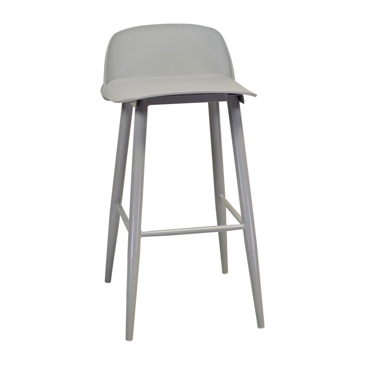 Front view of grey Sigrid counter stool featuring low curved backrest and sturdy four leg frame